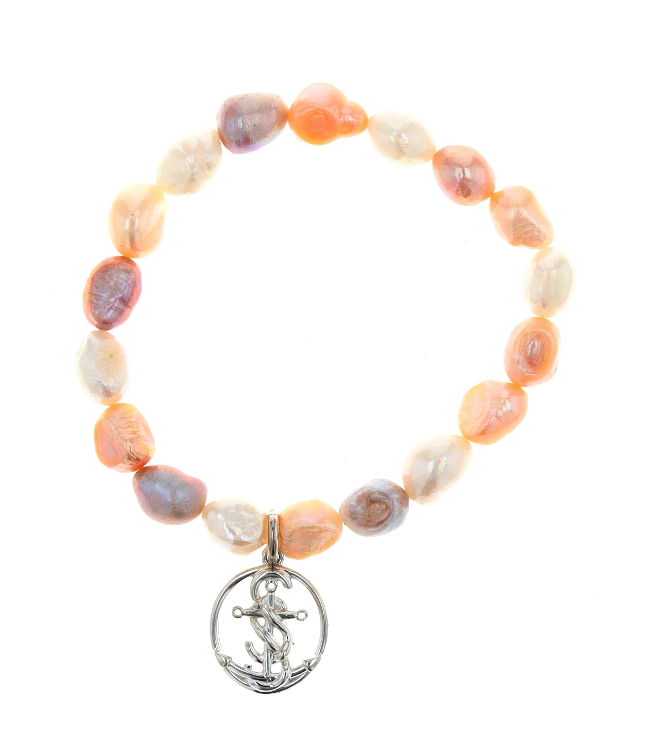 SS Plain Oval Anchor Pearl Stretch Bracelet